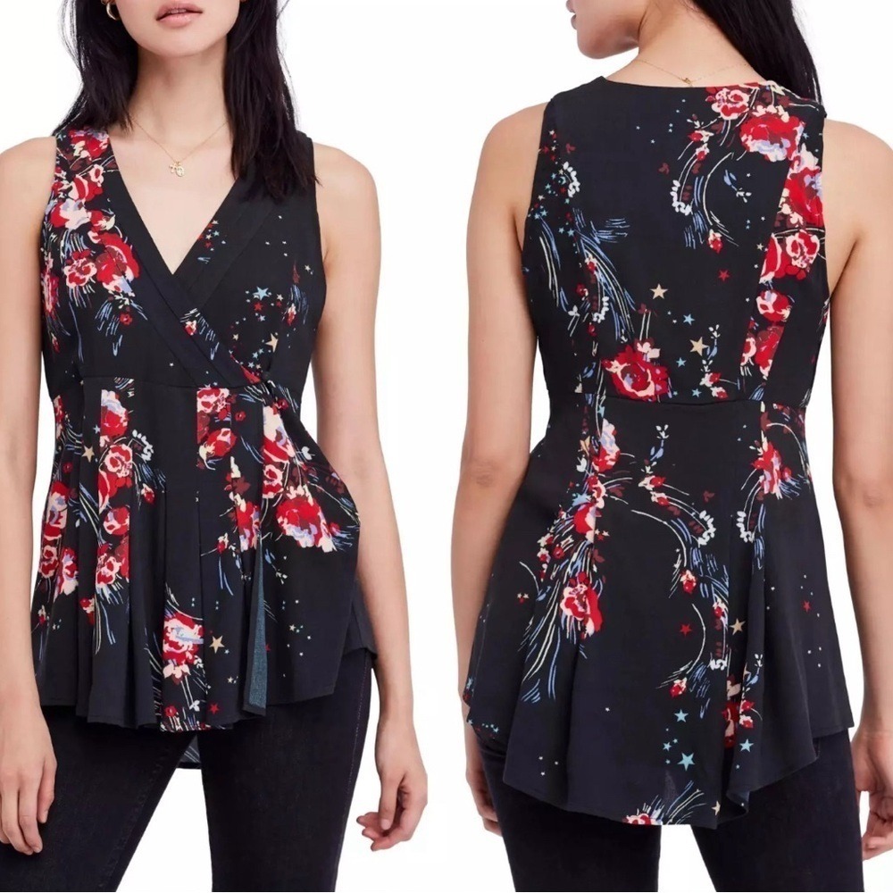 Free People New Size S Black Back to the Basics Floral Print Wrap Tunic Blouse